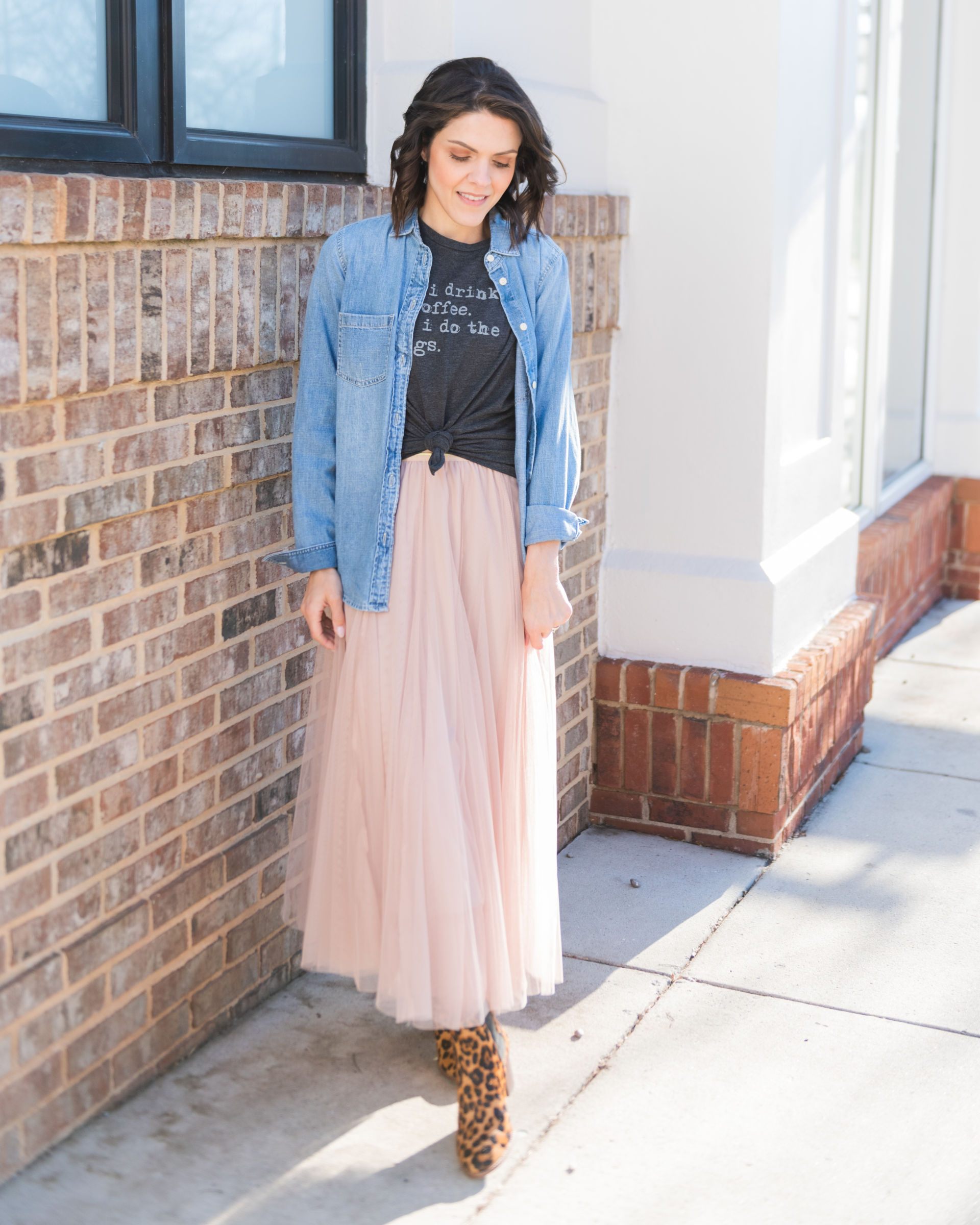 Tulle skirt store with denim jacket