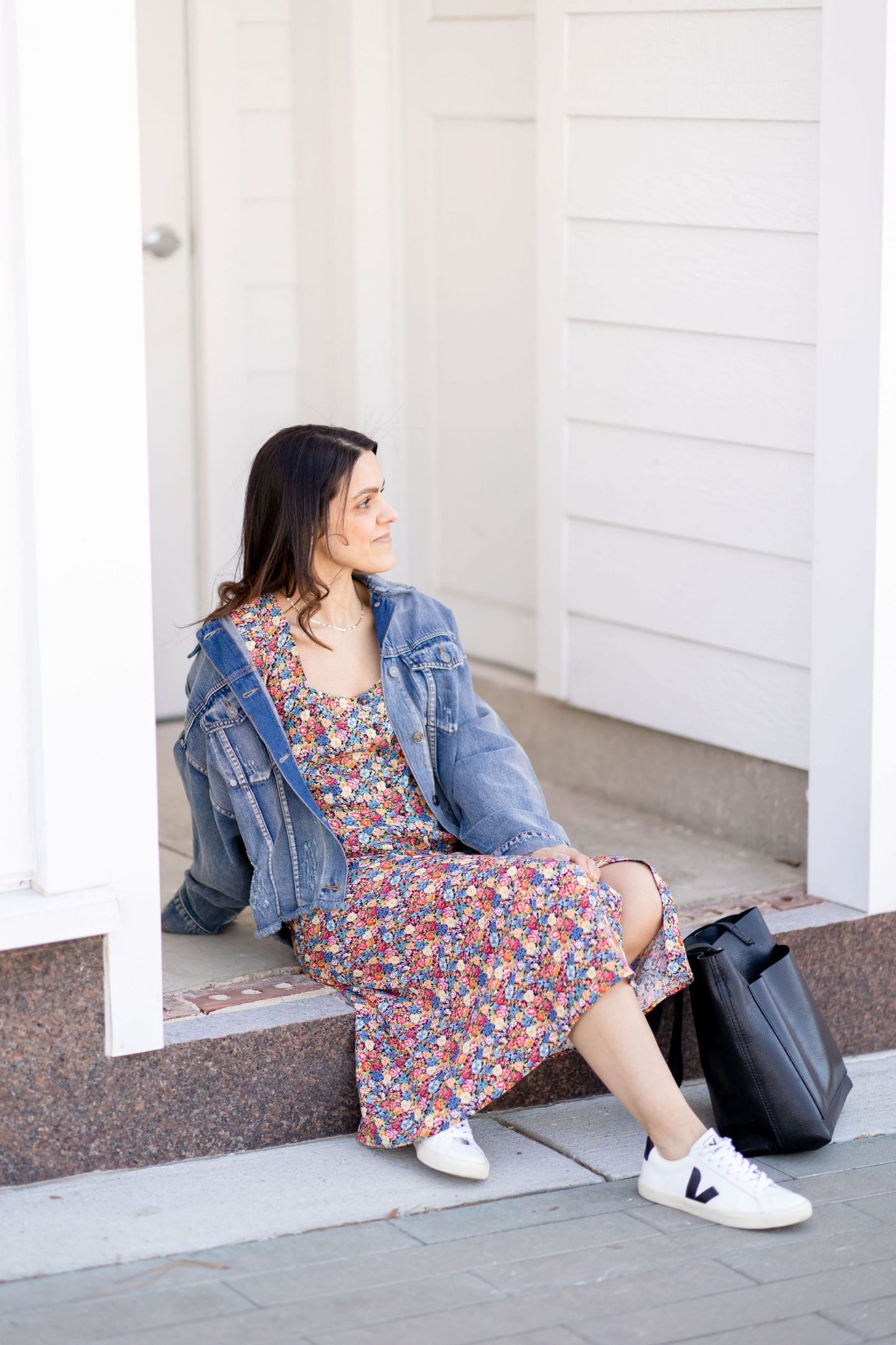 denim jacket with printed dress