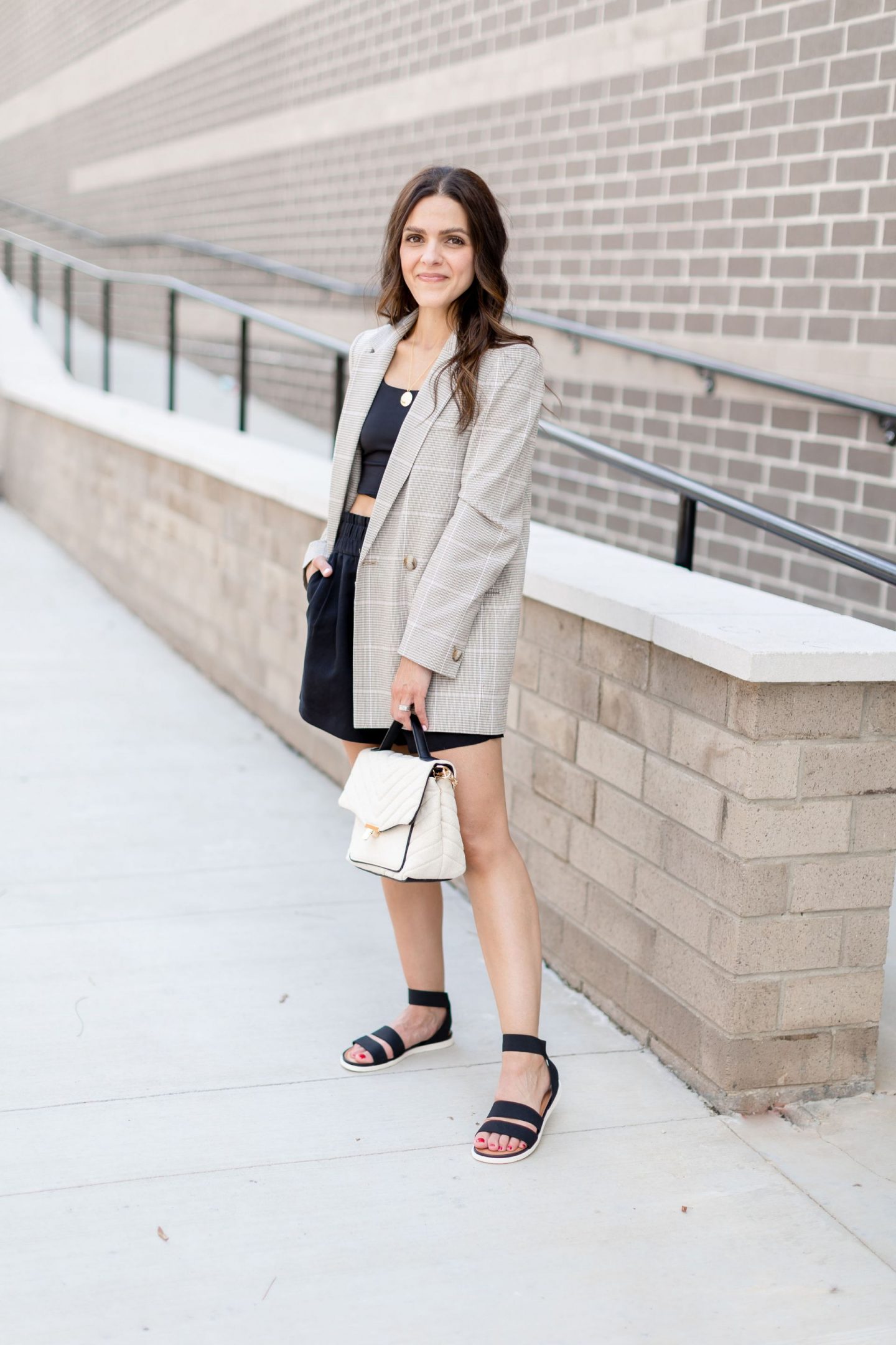 black linen shorts neutral blazer summer to fall