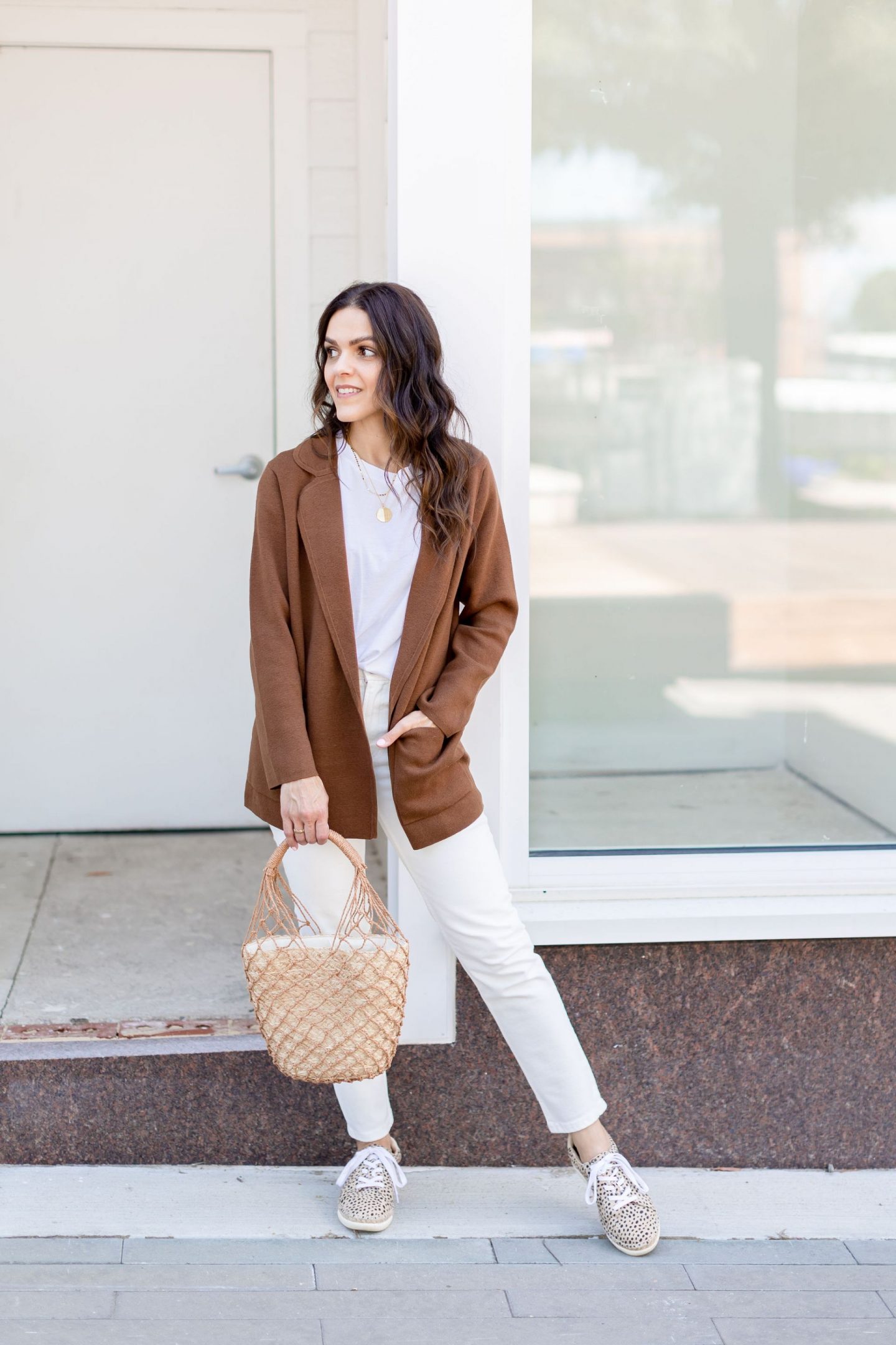 white jeans sweater blazer summer to fall