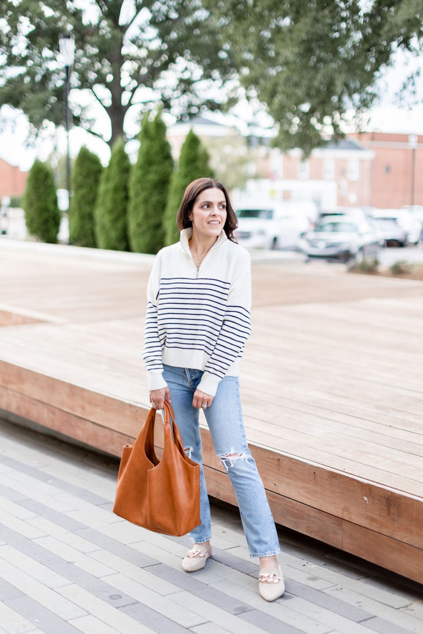 Stripe pullover distressed Agolde jeans Sept outfit idea