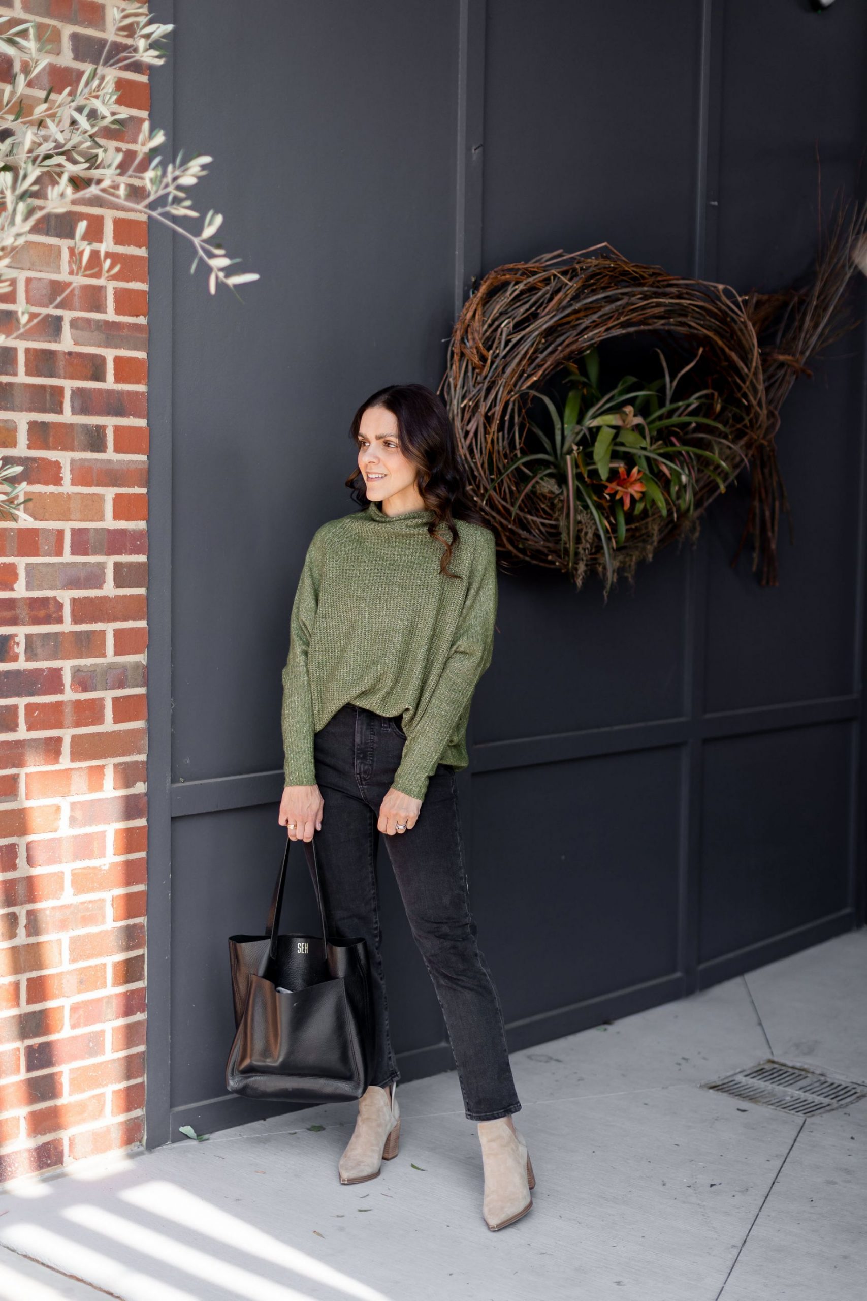 Green sweater hotsell black jeans