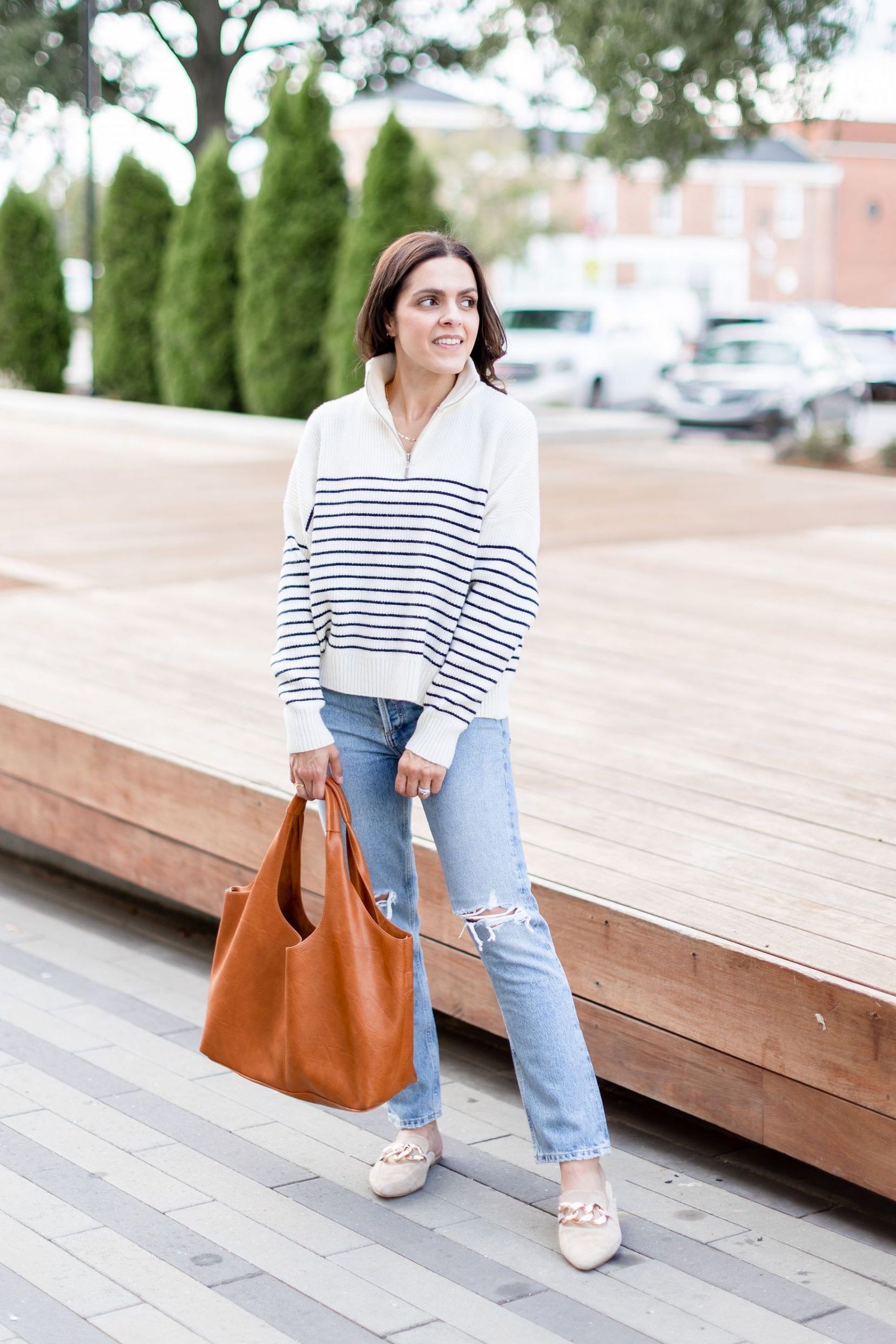 Stripe pullover distressed Agolde jeans Sept outfit idea