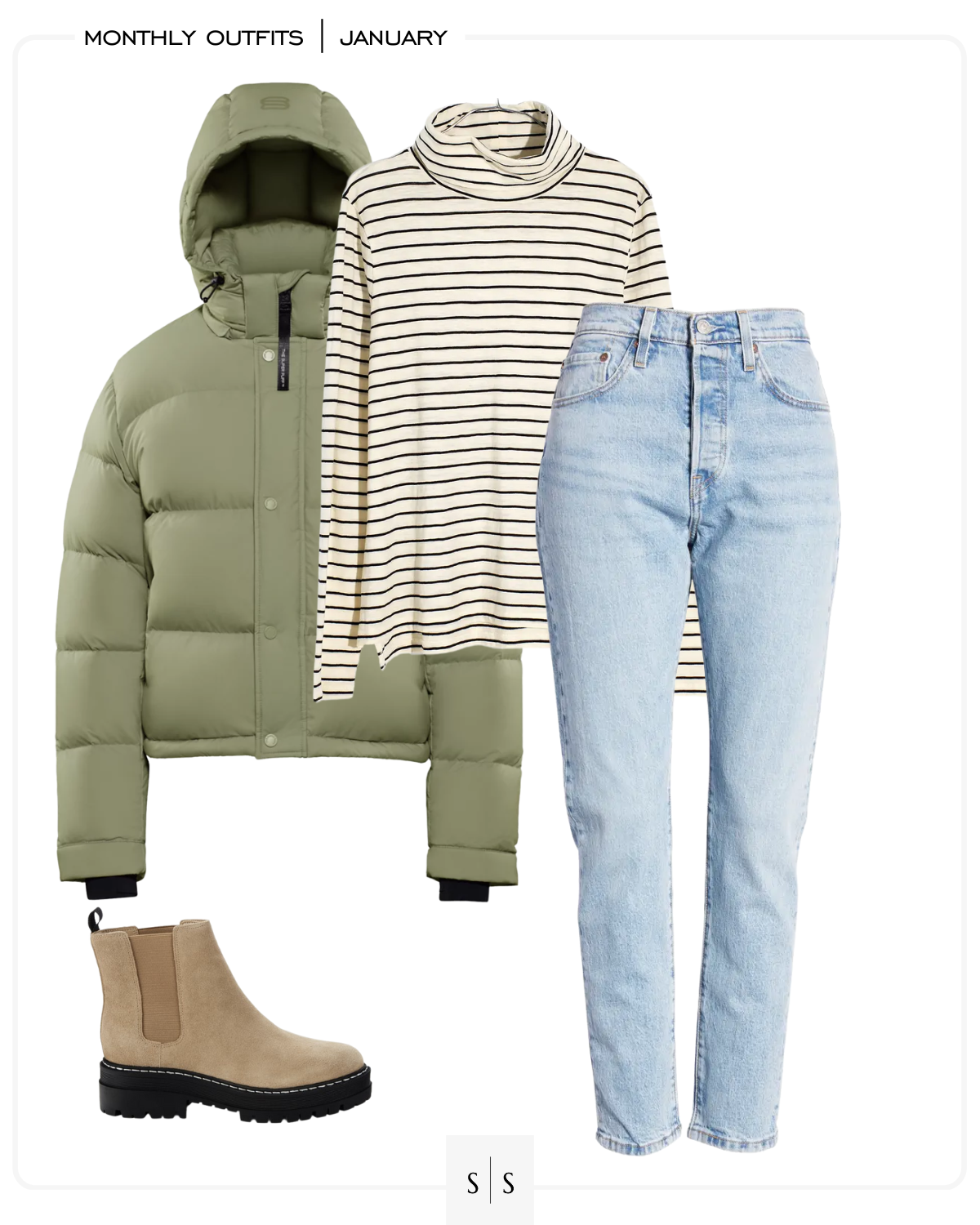 January Winter outfit puffer coat turtleneck tee