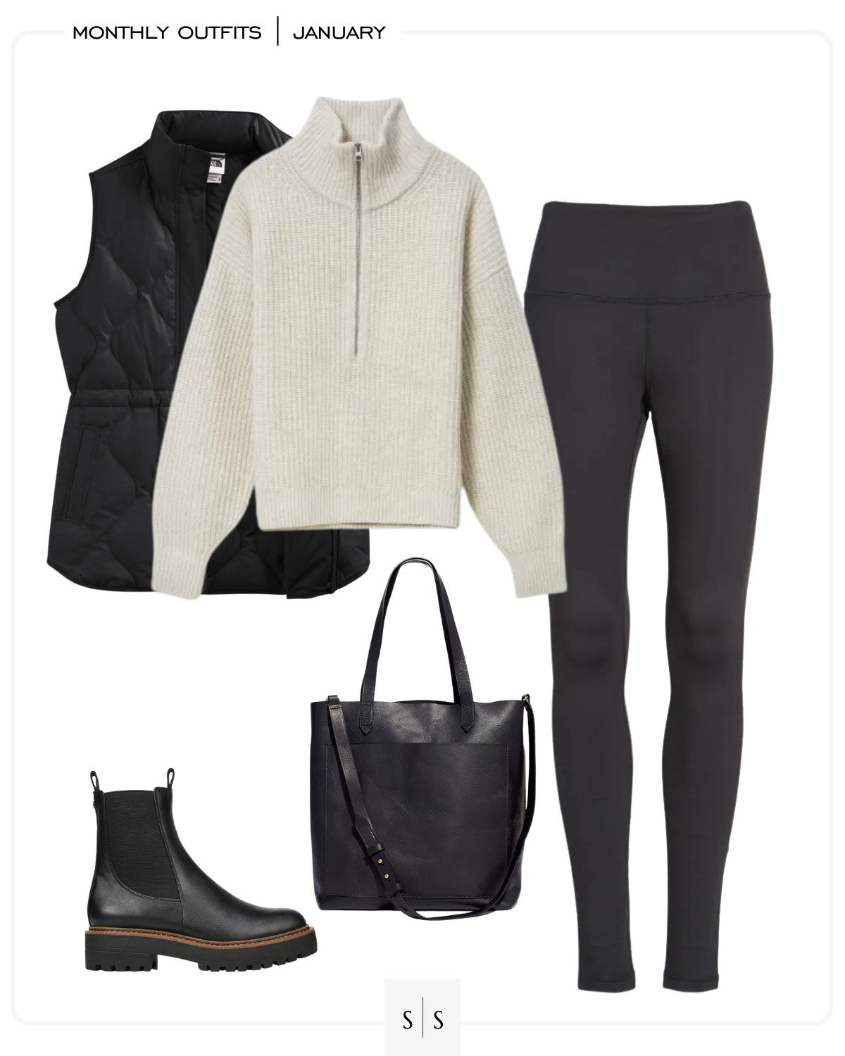 Winter casual outfit sweater quilted vest leggings lug boot