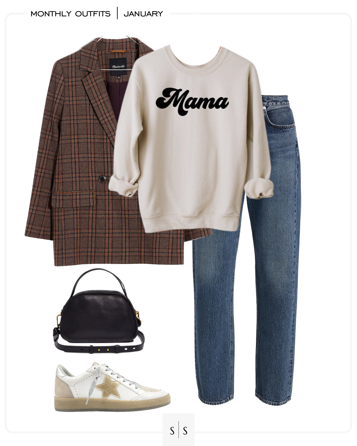 January casual outfit idea graphic sweatshirt blazer sneakers