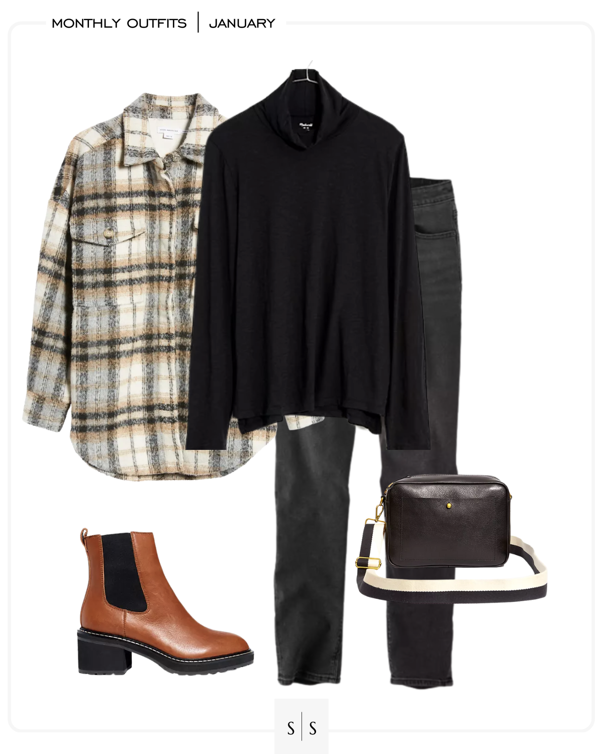 Winter outfit idea shacket turtleneck tee black jeans