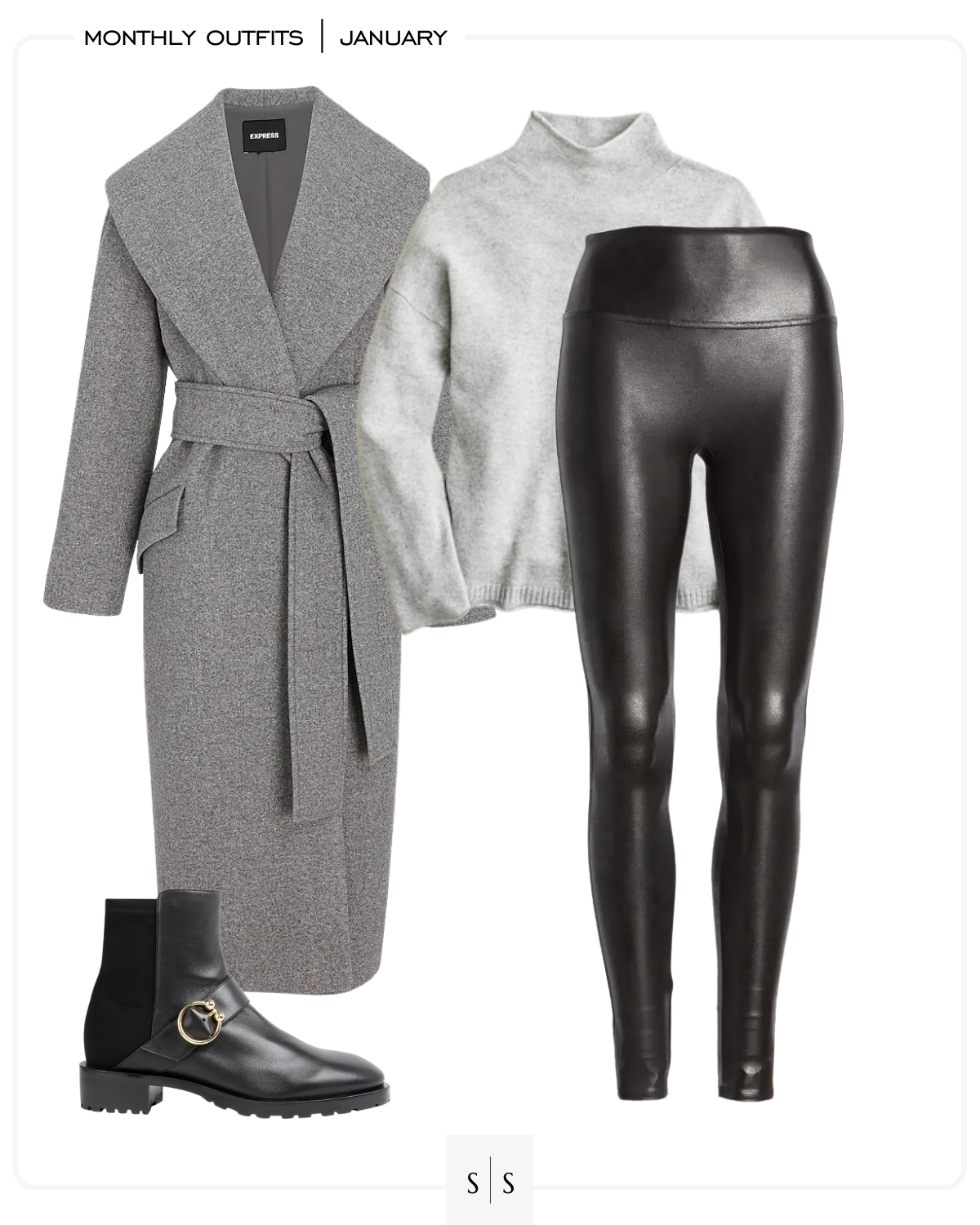 Winter outfit grey wrap coat faux leather leggings