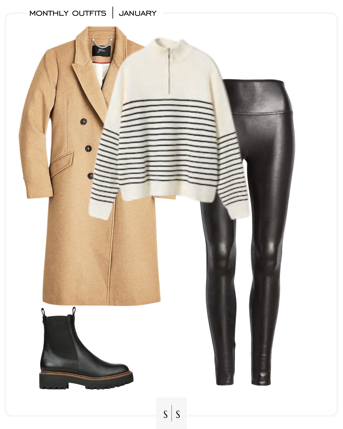 January outfit idea camel coat faux leather leggings