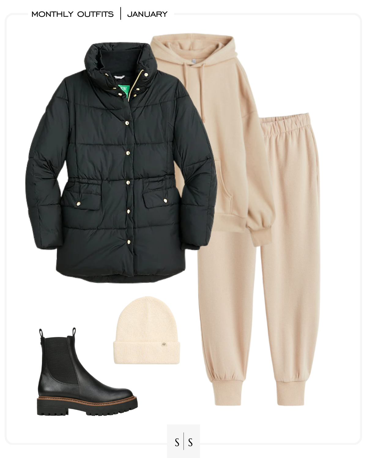 Warm winter casual outfit puffer coat jogger sweat set