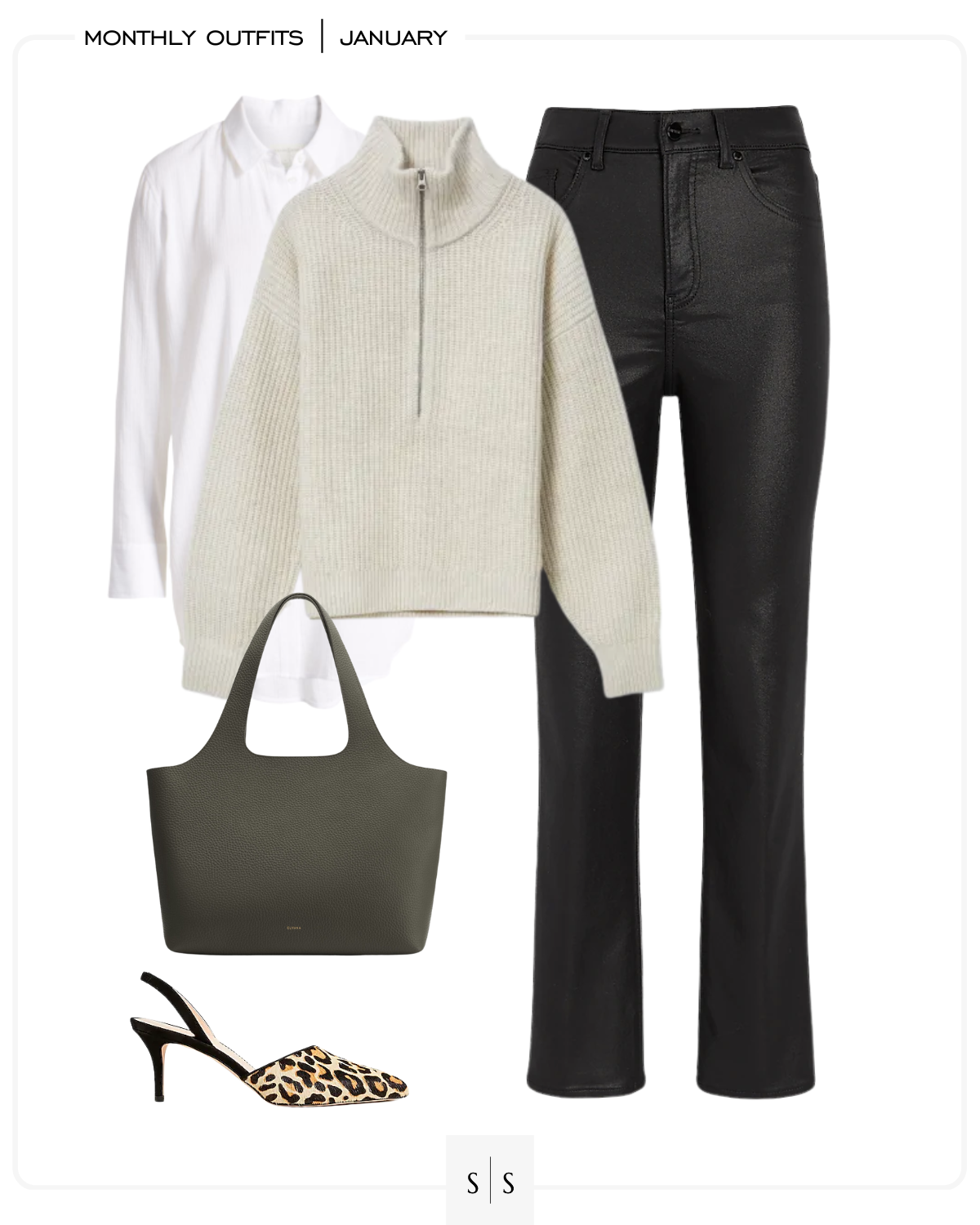 Winter workwear outfit idea coated jeans sweater classic button up