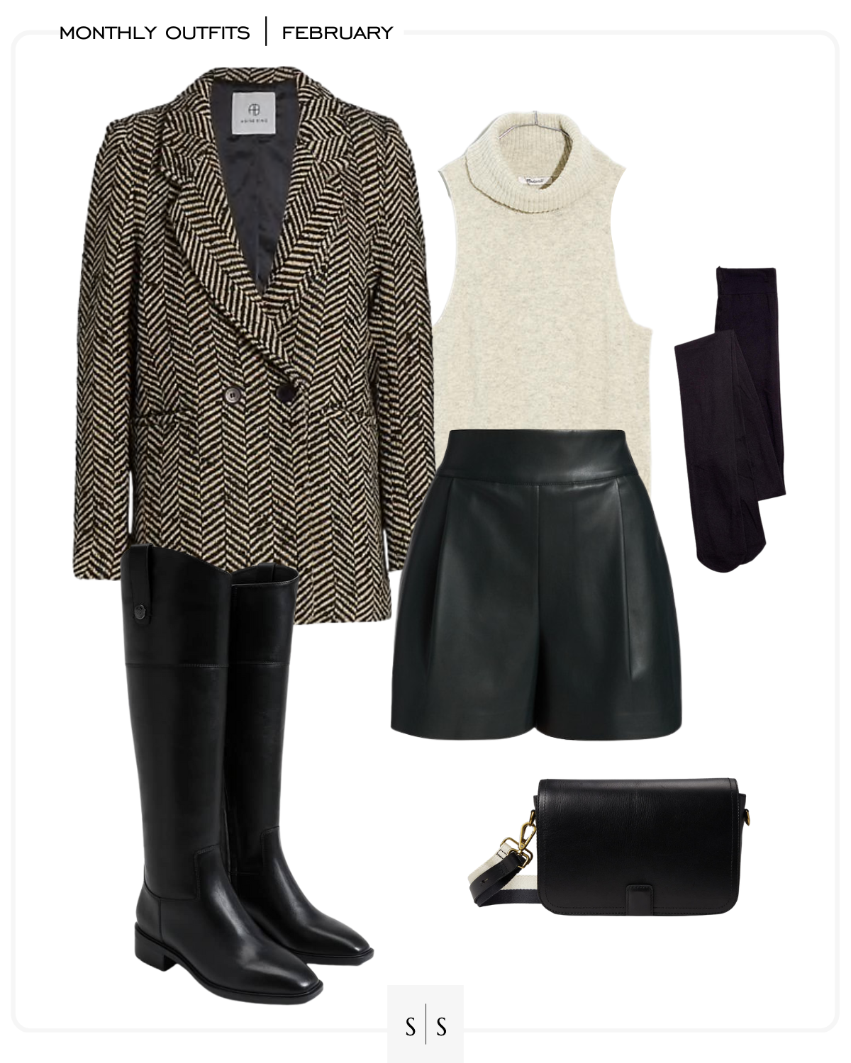 Datenight outfit idea blazer faux leather short riding boot
