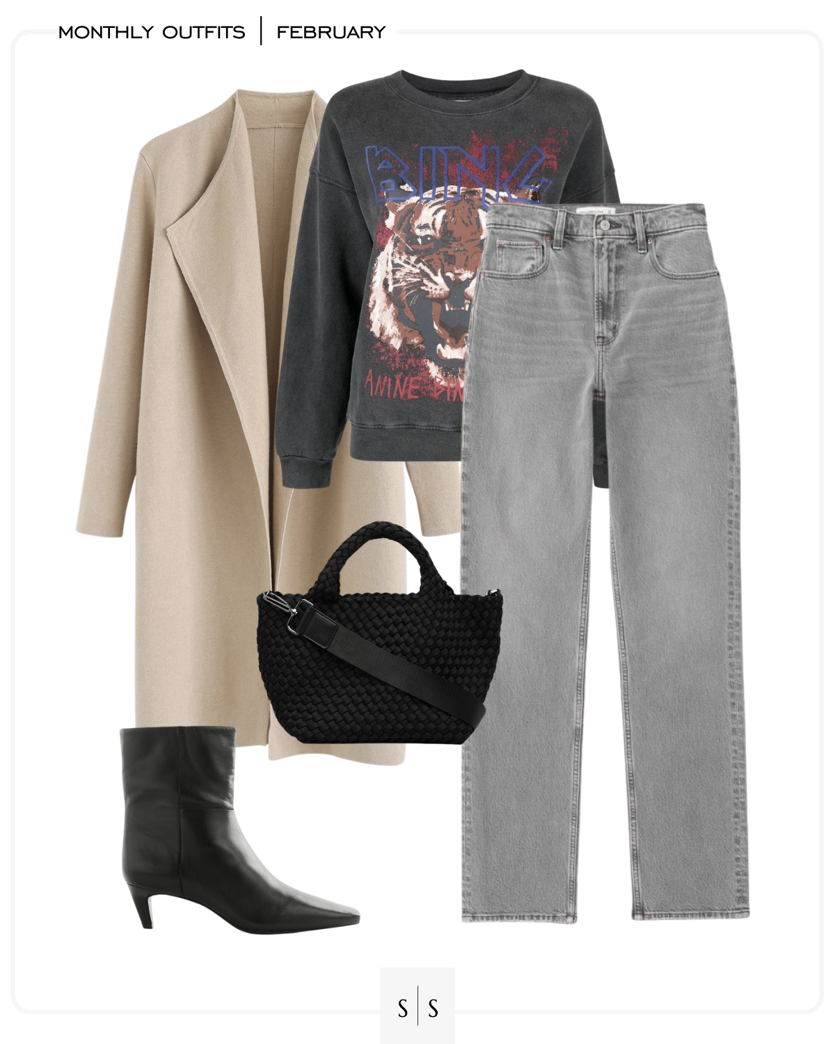 February outfit idea graphic sweatshirt grey jeans
