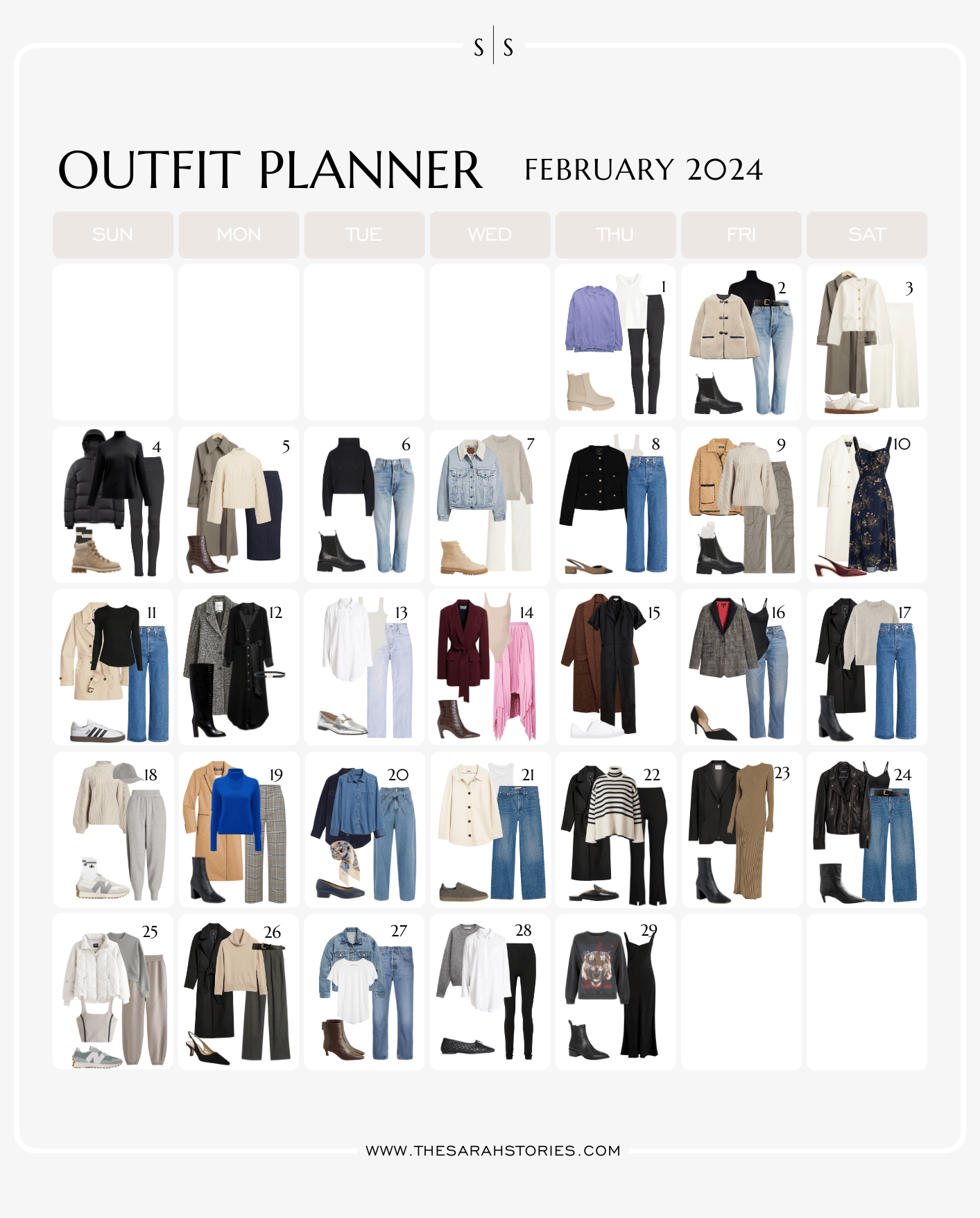 February 2024 monthly outfit planner the Sarah Stories